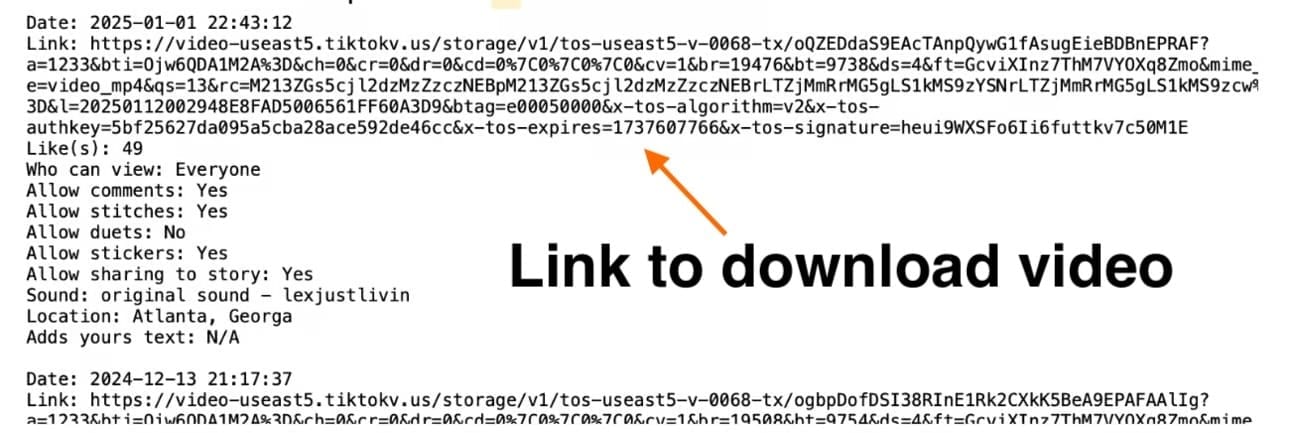 How the TikTok download data dump looks—you’ll get TXT files and you’ll have to copy/paste each video link to download each video