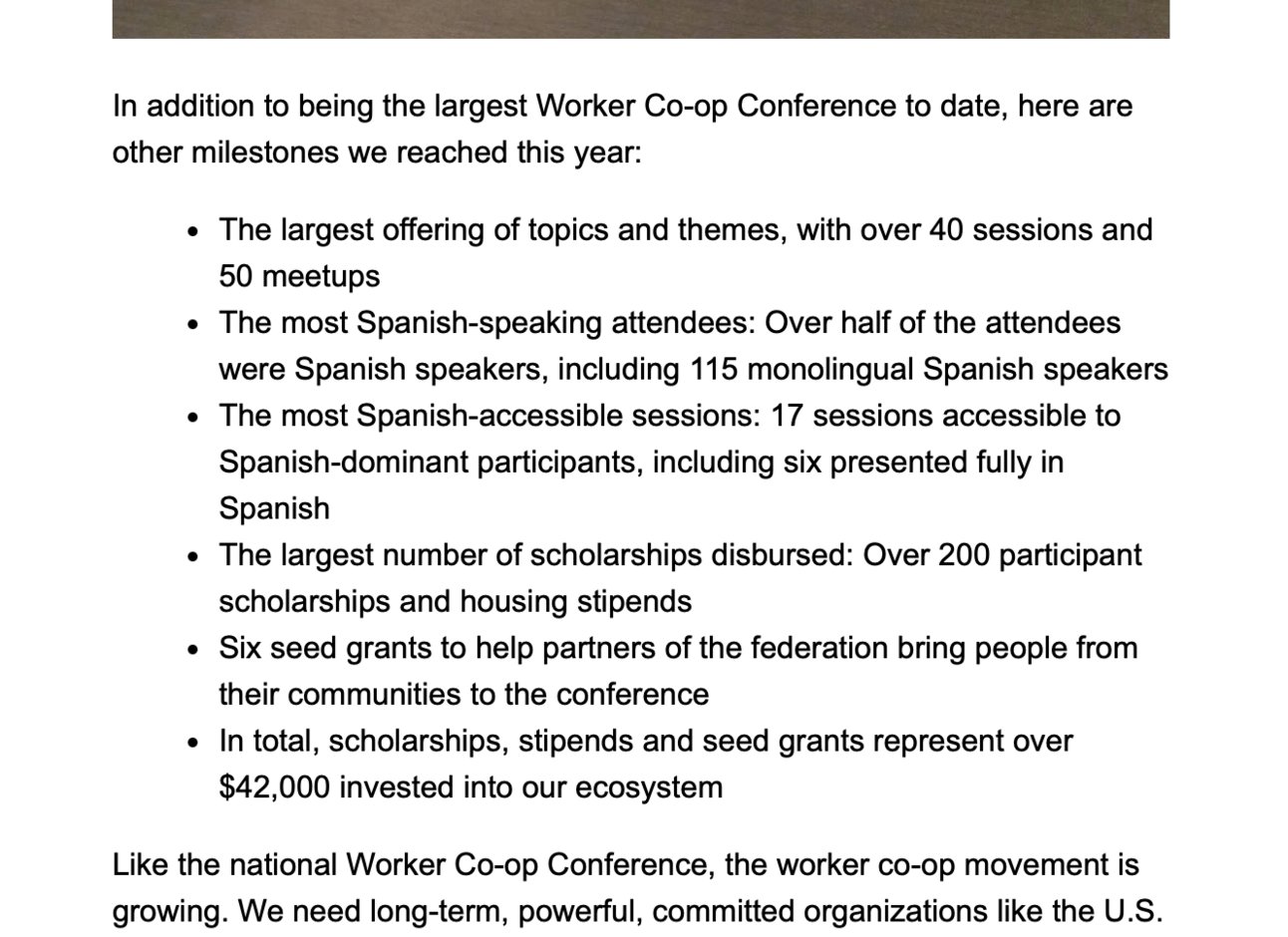 US Federation of Worker Cooperatives’ look at what we’ve done email