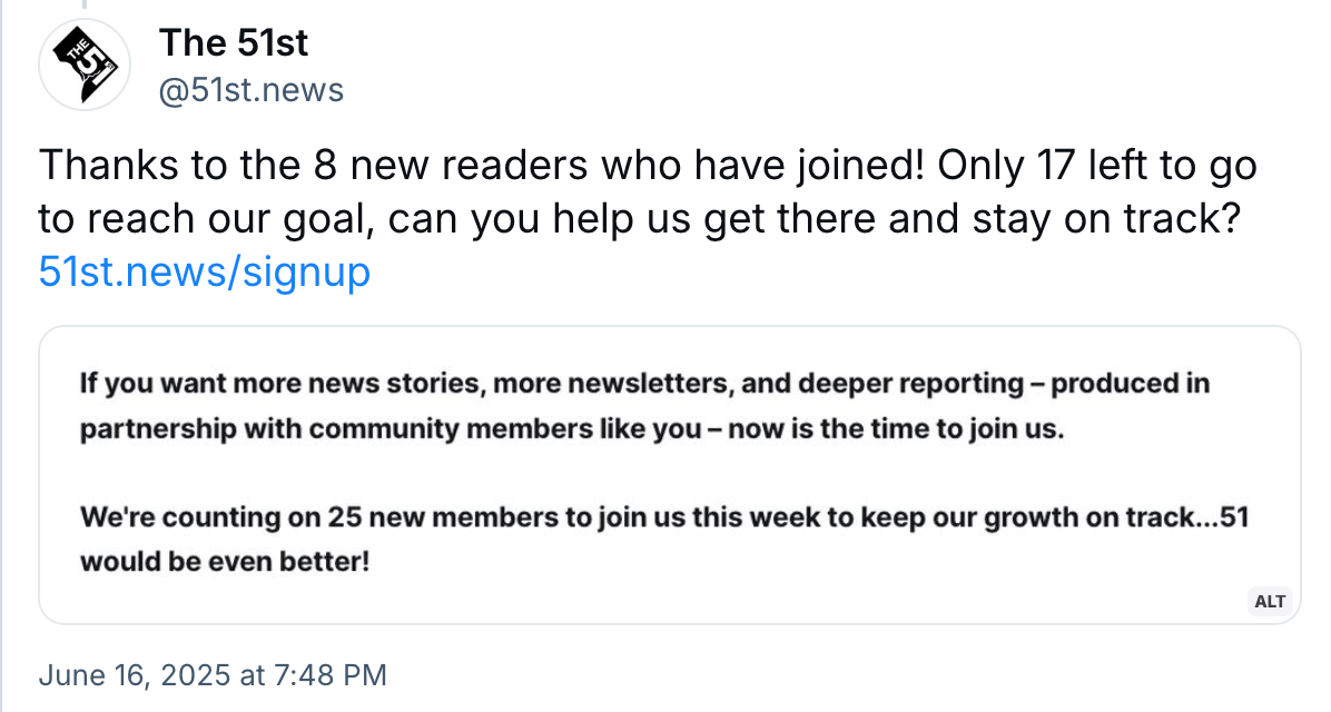 Post from The 51st on a reader goal they have