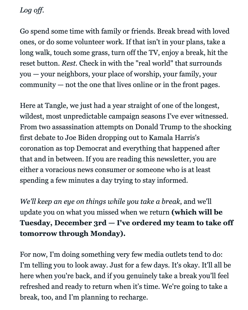 Tangle’s “log off” email included a Black Friday promo