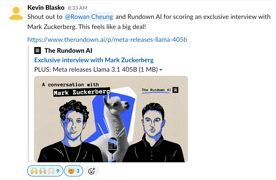 Kevin Blasko shouts out Rowan Cheung in the beehiiv Slack