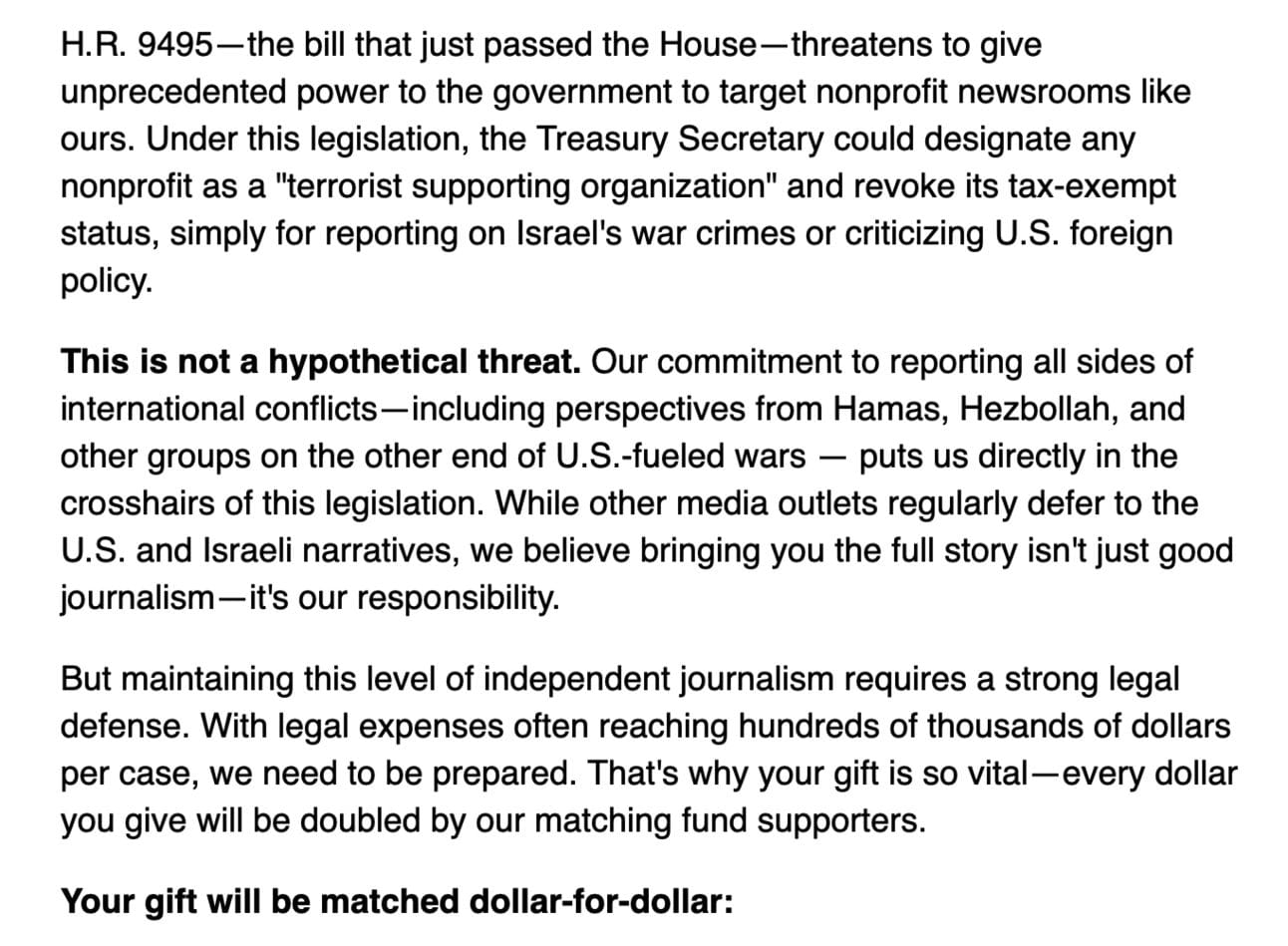 Drop Site’s “world without us” Giving Tuesday email