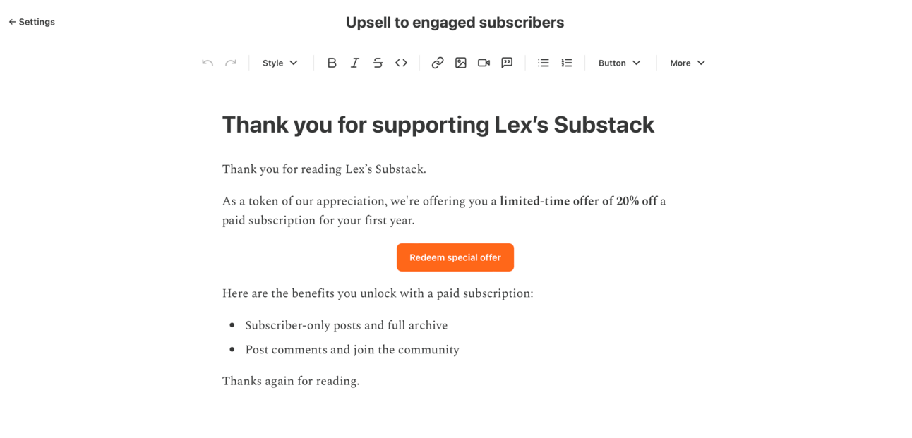 Upsell email on Substack