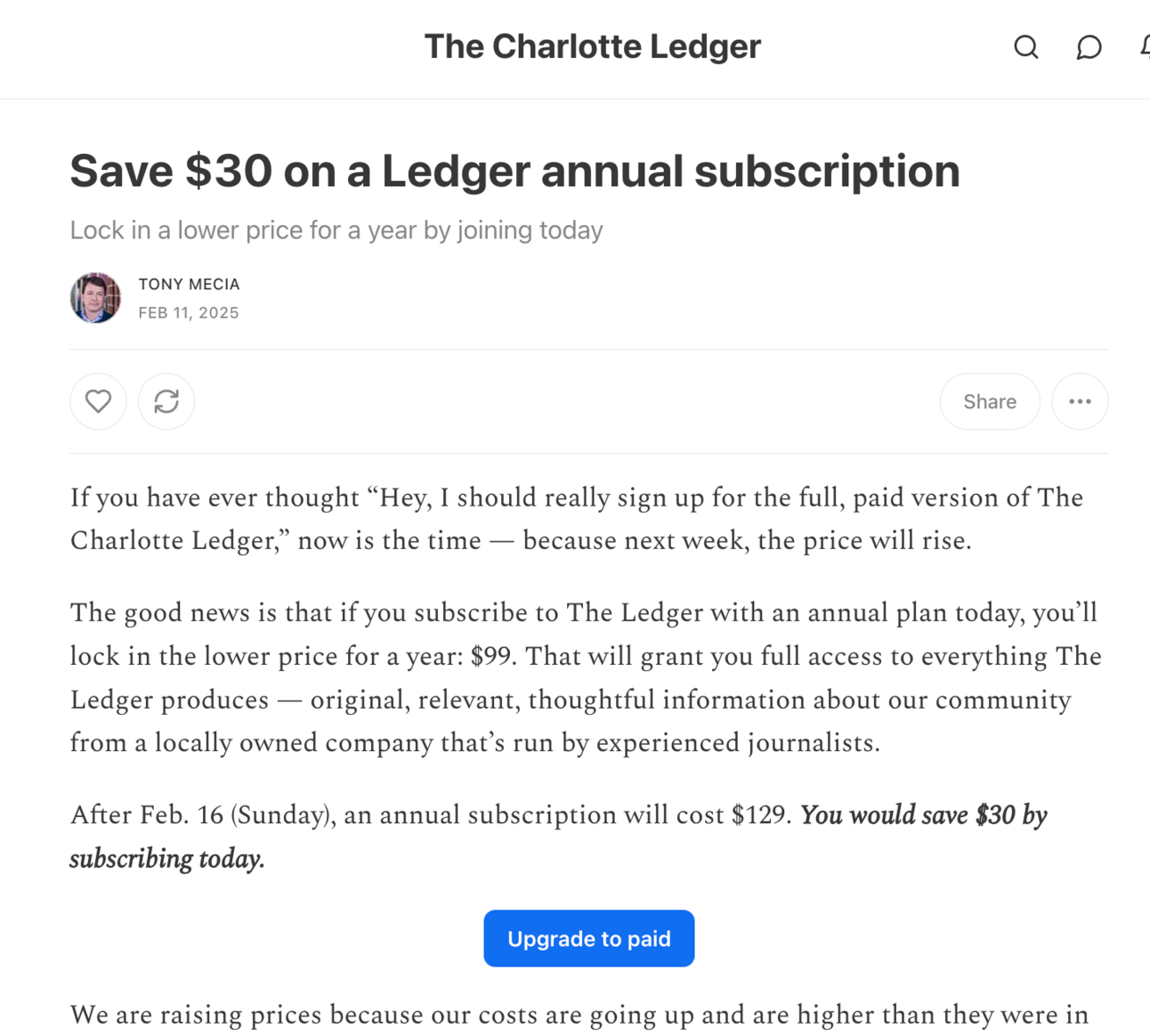 Tony’s dedicated appeal the week before the price change