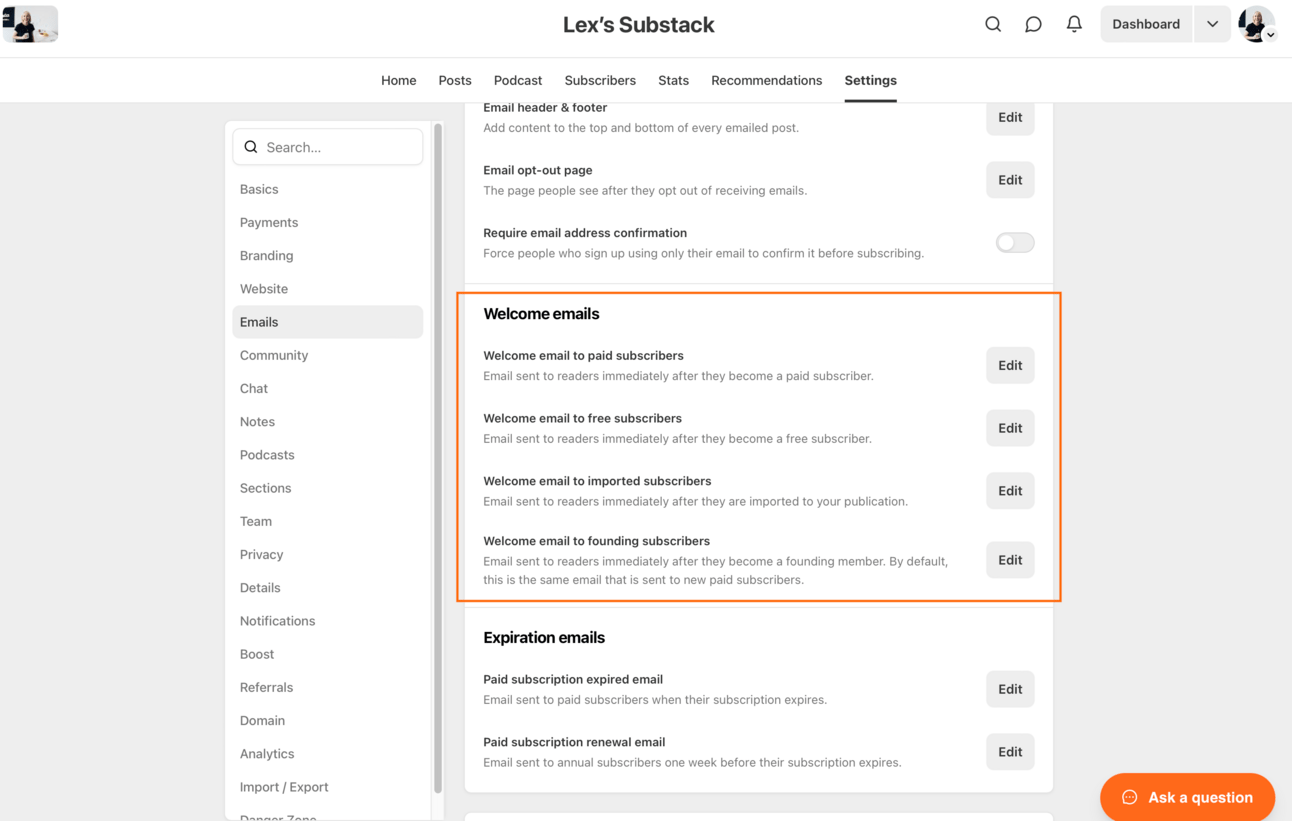 Welcome emails in Substack settings