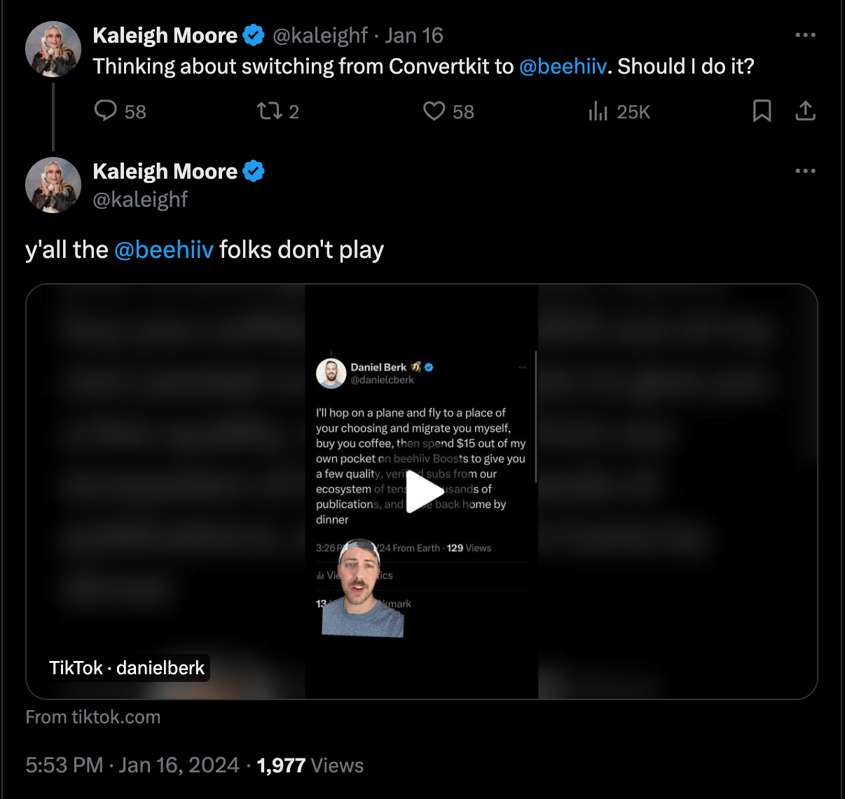 Kaleigh Moore's tweet about beehiiv