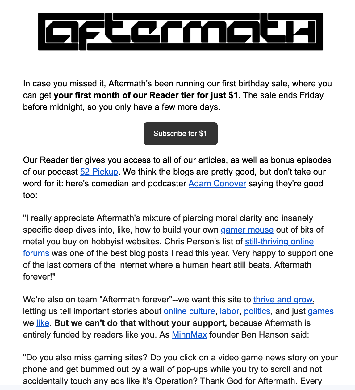 Aftermath’s perks email (plus a sale angle)