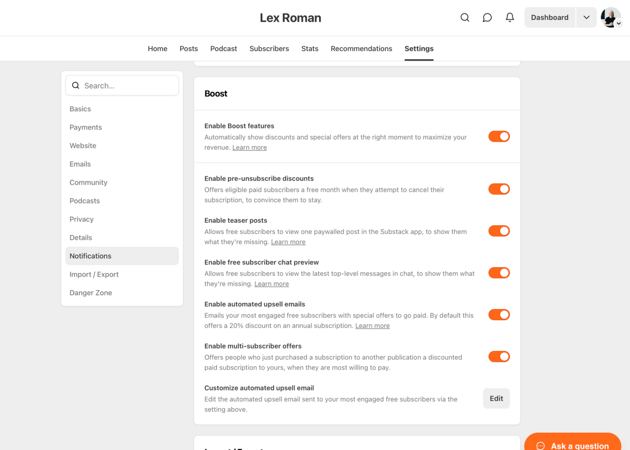 Substack admin panel showing boosts feature